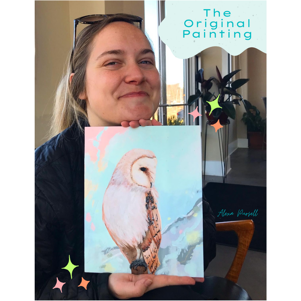 Person holding a painting of an owl with colorful decorations and text overlay.