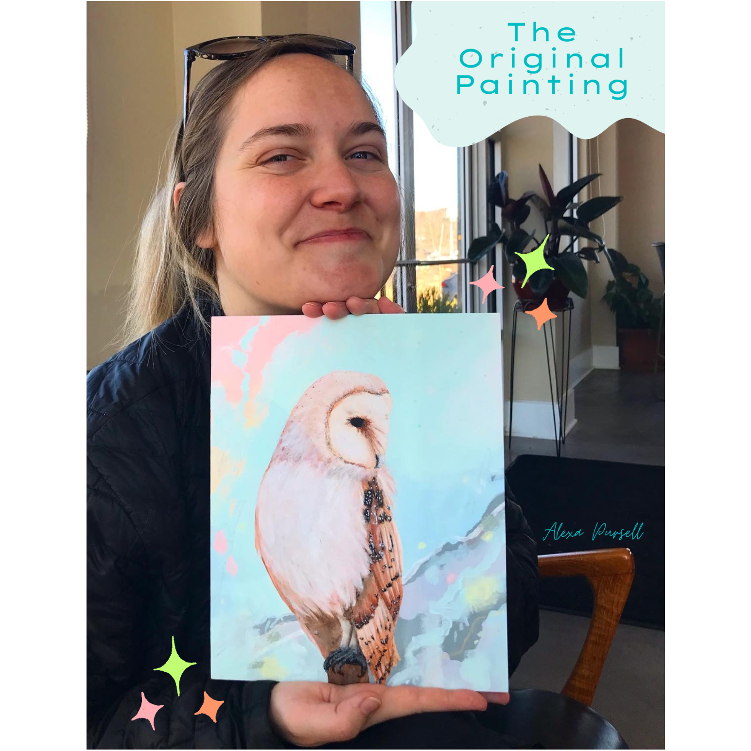 Person holding a painting of an owl with colorful decorations and text overlay.